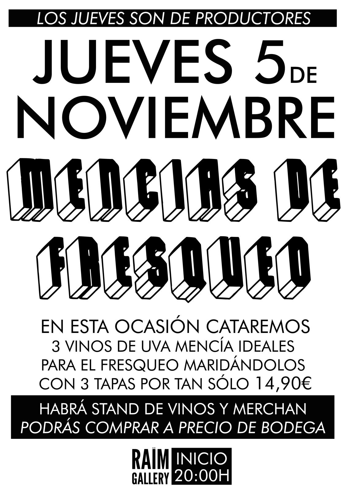 Cartel de Cata de Mencías, jueves de productores en Raïm Gallery, Gandia